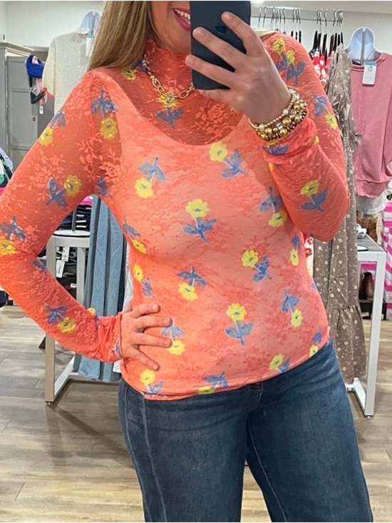 Umgee Tops - Umgee Coral Floral Lace Mock Neck Long Sleeve Top-Medium-NWOT